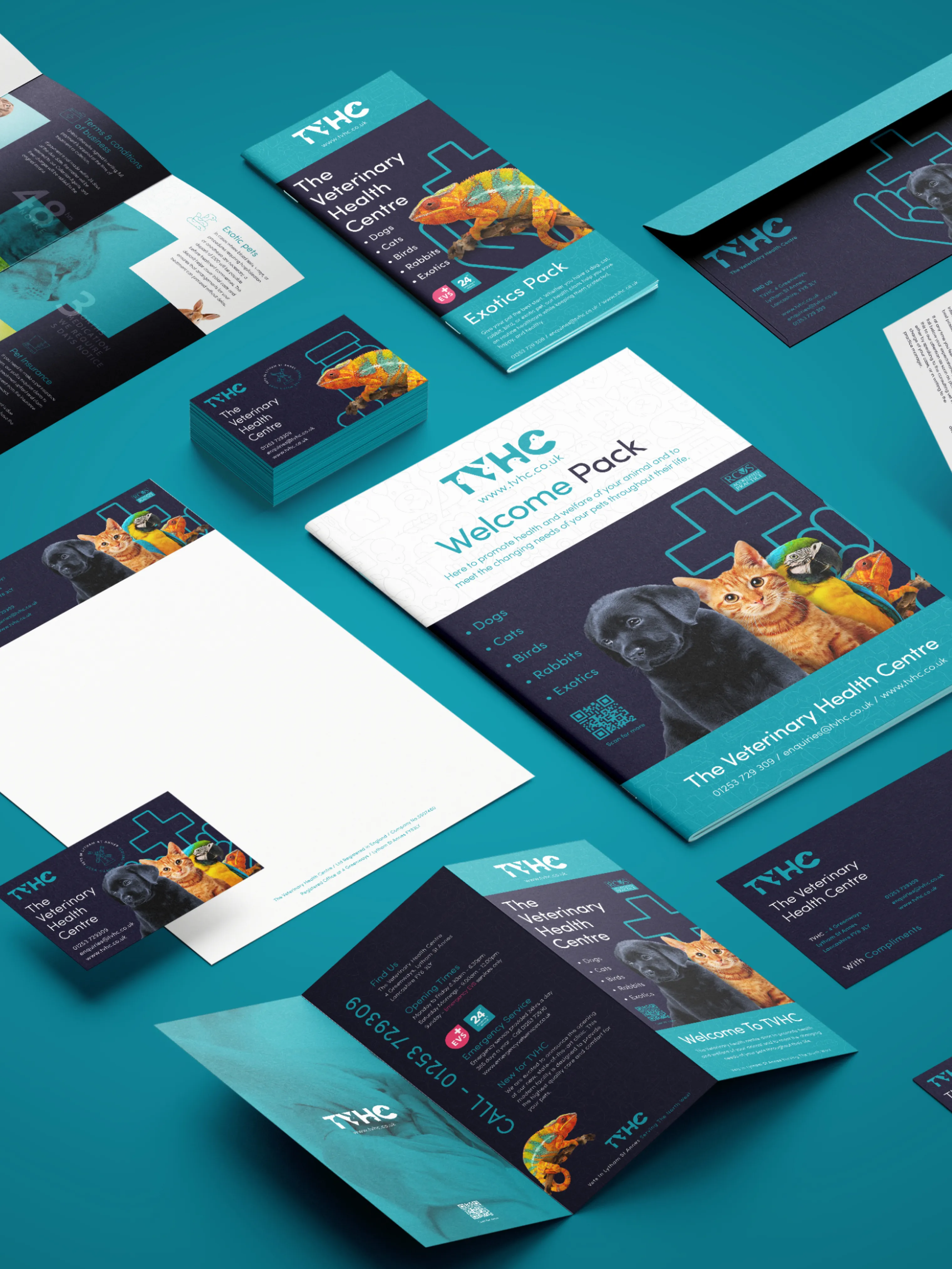 TVHC The Veterinary Health Centre welcome pack and printed materials designed by DotPerformance, showing the branded booklet cover, inner pages with practice information, and Siuna Reid's welcome message